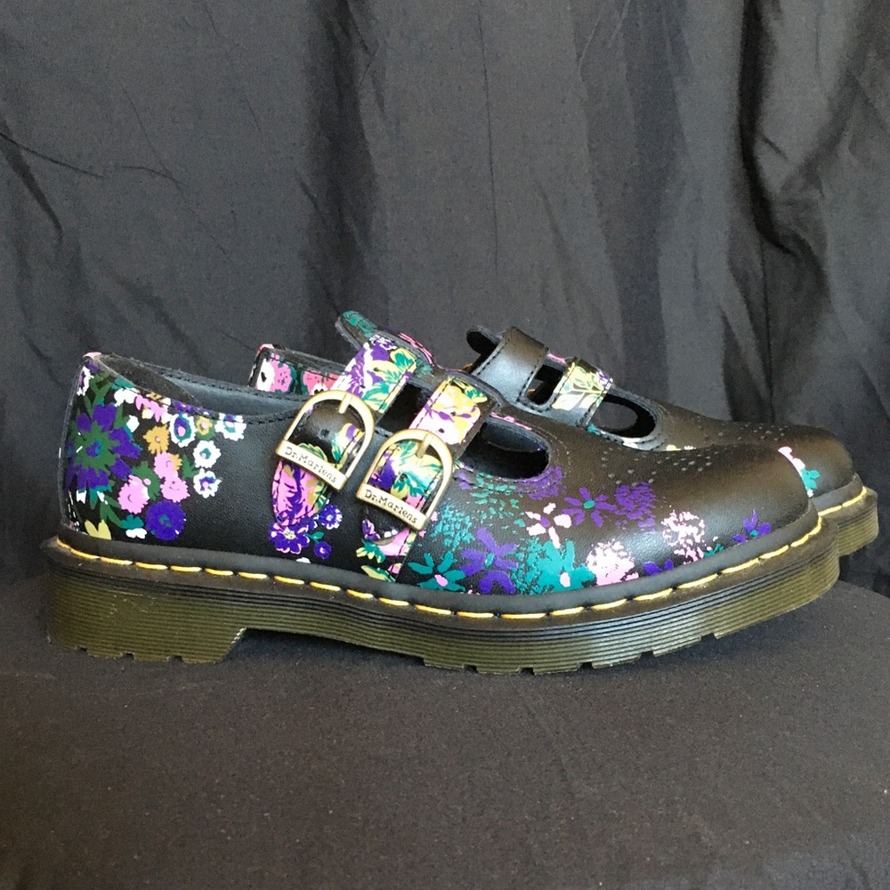 Dr. Martens Black Mary Jane Shoes with Purple, Teal, and Pink Floral Print NWOT